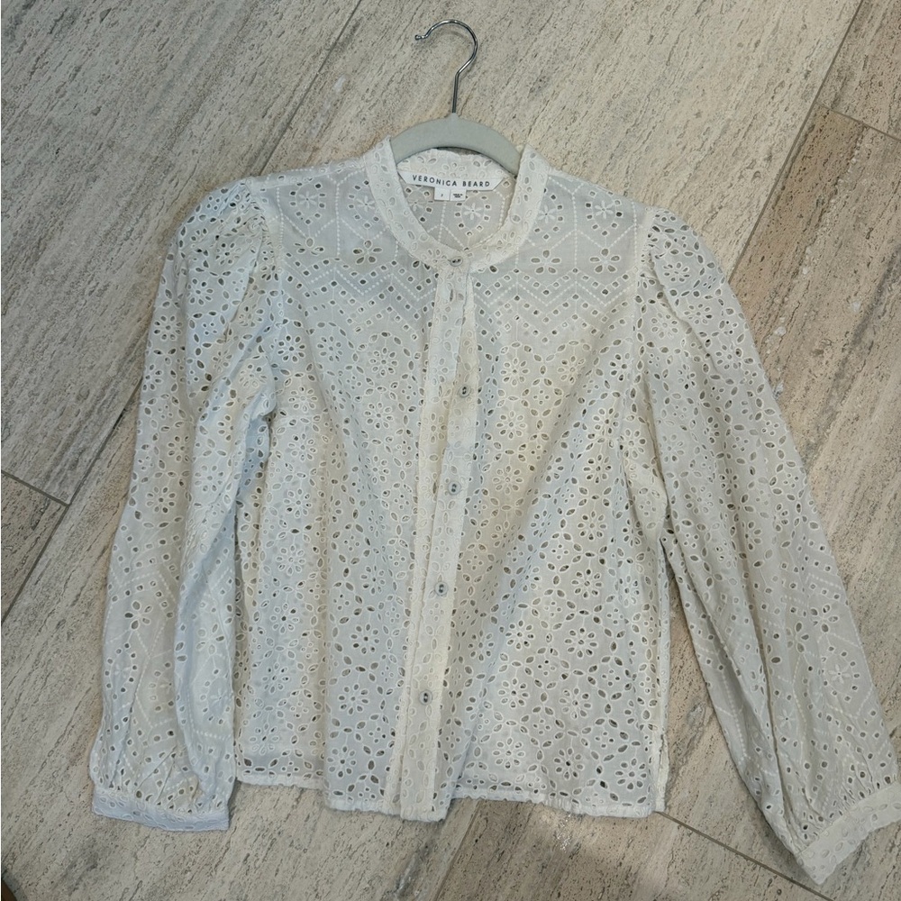 Veronica Beard White Eyelet Button-Up Blouse with Cutwork